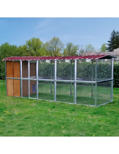 Katzenhaus aus Holz 123 × 420 × 175 cm mit 1 Wohnbereich- und 4 Außenbereich-Modulen